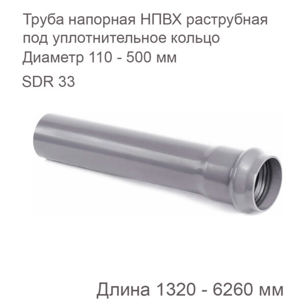 Труба напорная НПВХ раструбная под уплотнительное кольцо SDR 33 PN8 Рабочее давление MOP 0,8 МПа купить