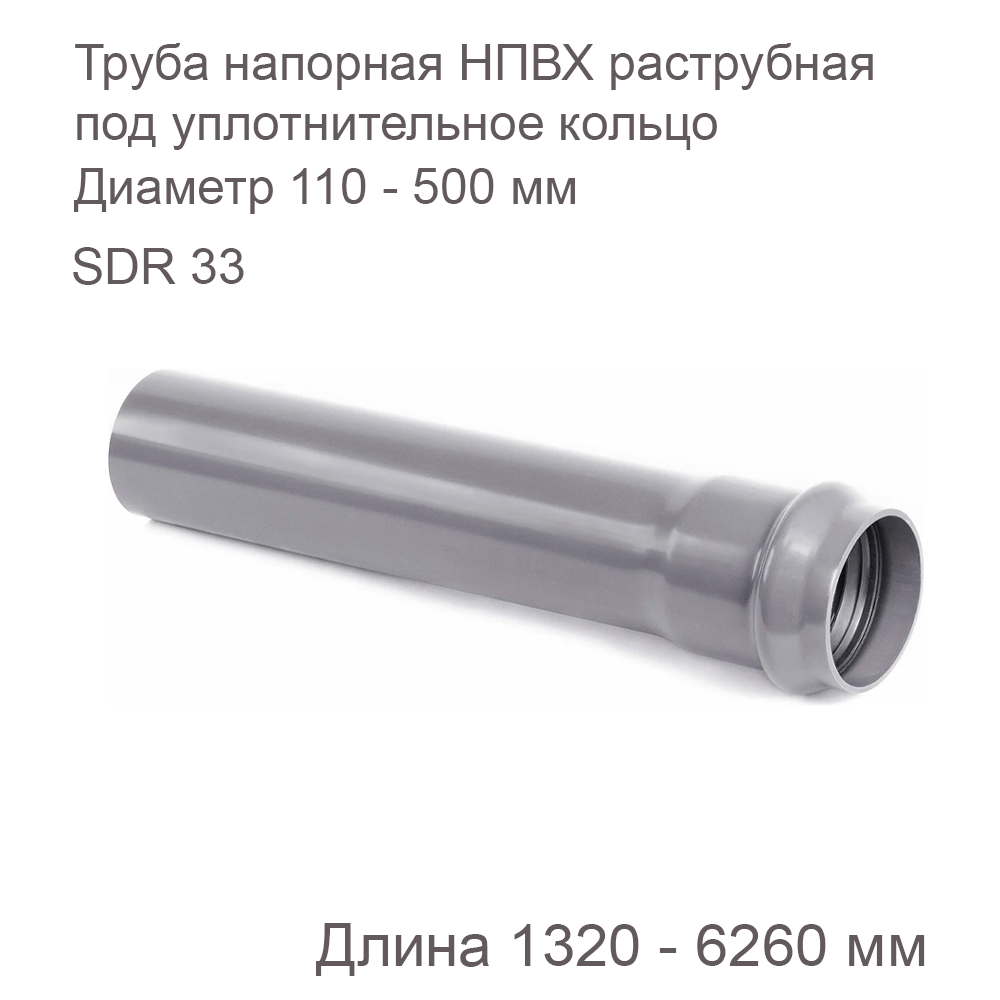 Труба напорная НПВХ раструбная под уплотнительное кольцо SDR 33 PN8 Рабочее давление MOP 0,8 МПа купить